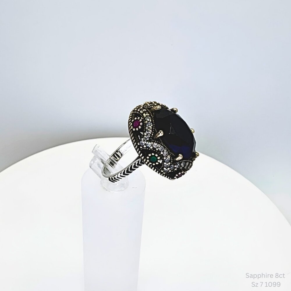 Handmade Jewelry Ottoman Style Sapphire,Emerald, Ruby Ring 925 Sz 7 Resizeable
